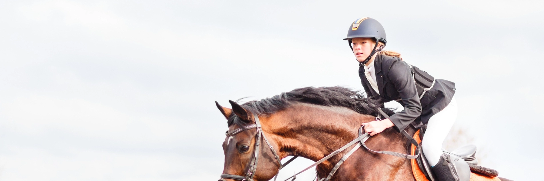 Young horseback sportsgirl jumping on show jumping